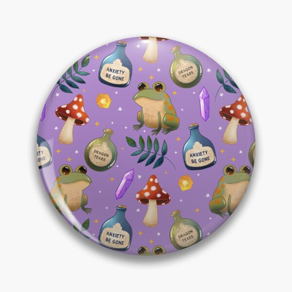 Item preview, Magical Frog Potions on purple – Cute Witchy Forest Pattern with Crystals, Toadstools and Anxiety Be Gone Bottles designed and sold by Lone Jensen.