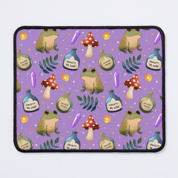 Item preview, Magical Frog Potions on purple – Cute Witchy Forest Pattern with Crystals, Toadstools and Anxiety Be Gone Bottles designed and sold by Lone Jensen.