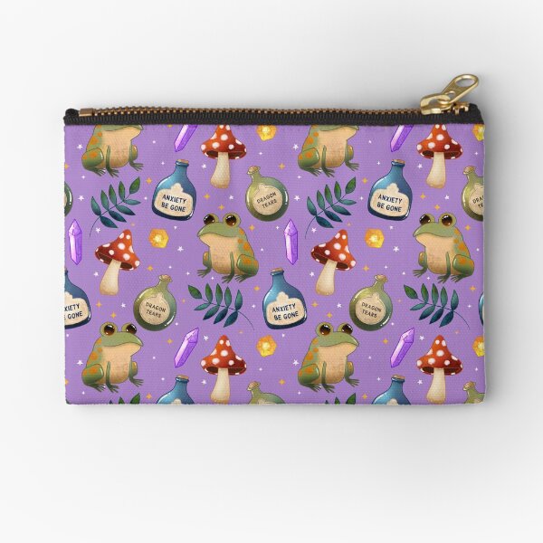 Item preview, Magical Frog Potions on purple – Cute Witchy Forest Pattern with Crystals, Toadstools and Anxiety Be Gone Bottles designed and sold by Lone Jensen.