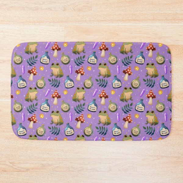 Item preview, Magical Frog Potions on purple – Cute Witchy Forest Pattern with Crystals, Toadstools and Anxiety Be Gone Bottles designed and sold by Lone Jensen.