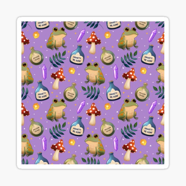 Item preview, Magical Frog Potions on purple – Cute Witchy Forest Pattern with Crystals, Toadstools and Anxiety Be Gone Bottles designed and sold by Lone Jensen.
