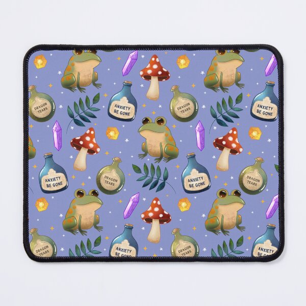 Item preview, Magical Frog Potions on blue – Cute Witchy Forest Pattern with Crystals, Toadstools and Anxiety Be Gone Bottles designed and sold by Lone Jensen.