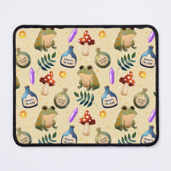 Item preview, Magical Frog Potions on yellow – Cute Witchy Forest Pattern with Crystals, Toadstools and Anxiety Be Gone Bottles designed and sold by Lone Jensen.