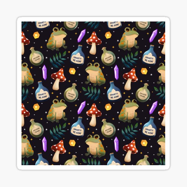 Item preview, Magical Frog Potions on black Navy – Cute Witchy Forest Pattern with Crystals, Toadstools and Anxiety Be Gone Bottles designed and sold by Lone Jensen.