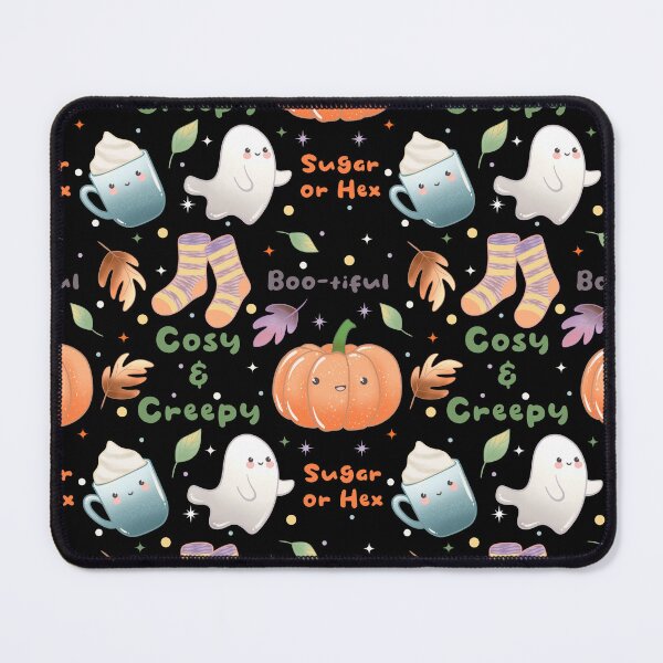 Item preview, Cosy and Creepy Halloween Seamless Pattern - Cute Ghosts, Pumpkins, Socks, Mugs and Autumn Leaves, Kawaii Fall designed and sold by Lone Jensen.