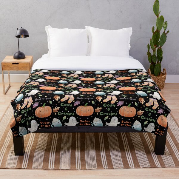 Item preview, Cosy and Creepy Halloween Seamless Pattern - Cute Ghosts, Pumpkins, Socks, Mugs and Autumn Leaves, Kawaii Fall designed and sold by Lone Jensen.