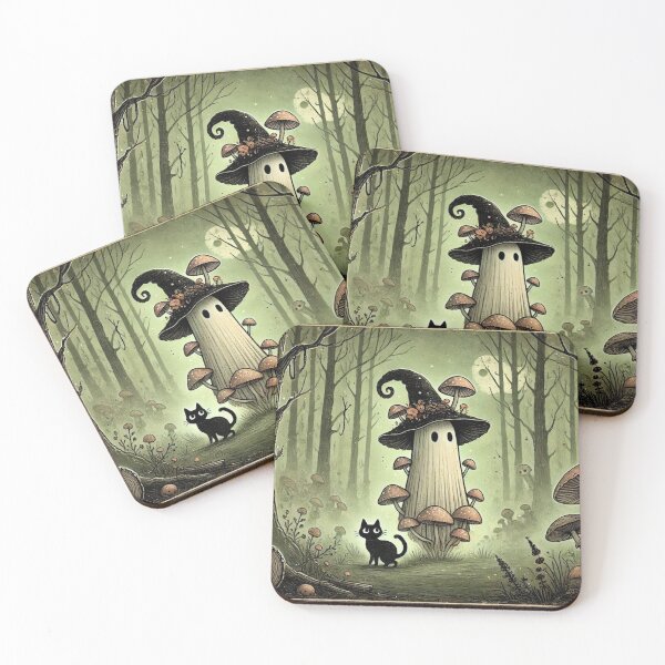 Item preview, Mushroom Ghost Witch and Black Cat in Forest designed and sold by NSEAdventures.