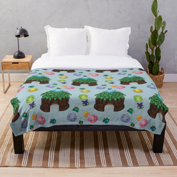Item preview, illustrated Junimo hut fruit harvest seamless pattern on sky blue background designed and sold by VibeFae.