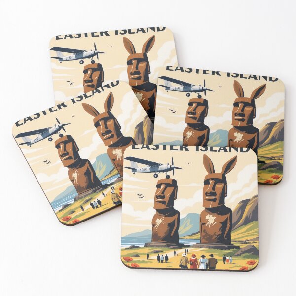 Item preview, Visit Easter Island – Vintage Travel Poster with Bunny Ears Moai | Oceanic Aerovia designed and sold by Lowtech.
