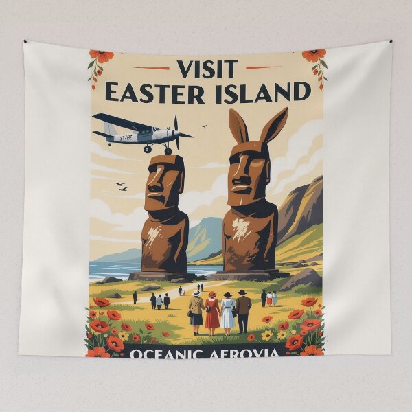 Item preview, Visit Easter Island – Vintage Travel Poster with Bunny Ears Moai | Oceanic Aerovia designed and sold by Lowtech.