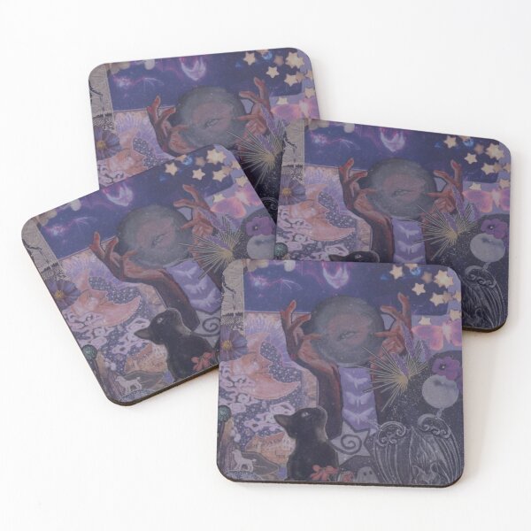 Item preview, purple witchy whimsigoth aesthetic with black cats designed and sold by BrontesWhimsyStore.
