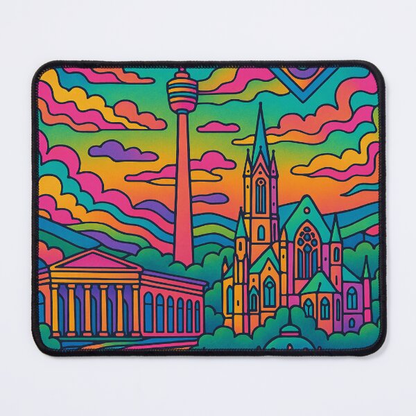 Item preview, Colorful Psychedelic Cityscape | Surreal Stuttgart Art | Trippy Skyline | Vibrant German Architecture | Retro Travel Wall Decor designed and sold by PaintedPixels01.