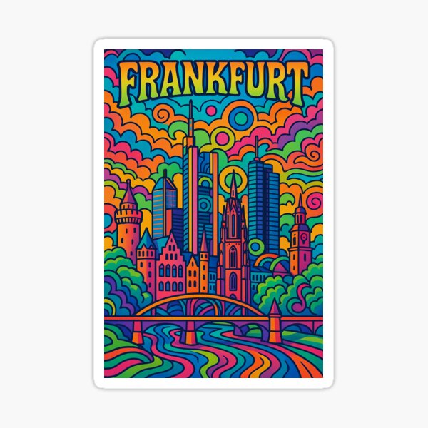 Item preview, Vibrant Psychedelic Art Poster | Frankfurt Cityscape | Retro 70s Vibes | Colorful Urban Psytrance Design | Modern Wall Decor designed and sold by PaintedPixels01.