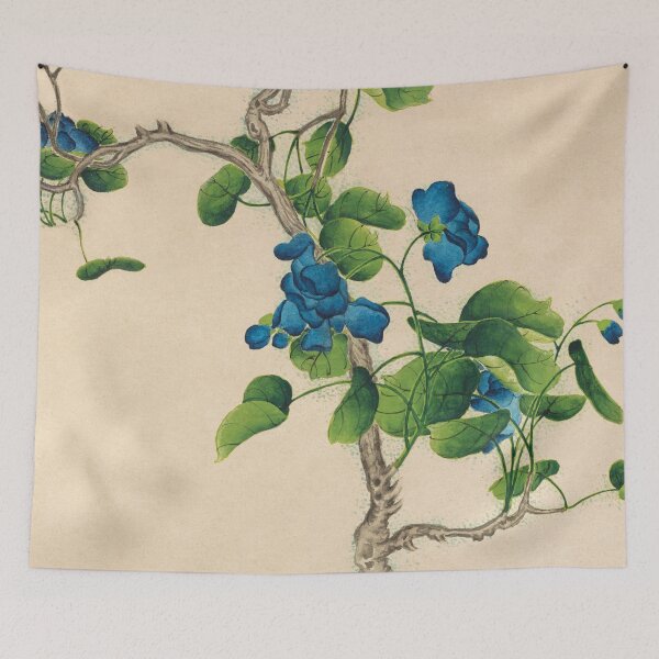 Item preview, Vintage Chinese Painting Climbing Blue Flowers designed and sold by OneWorldLove.