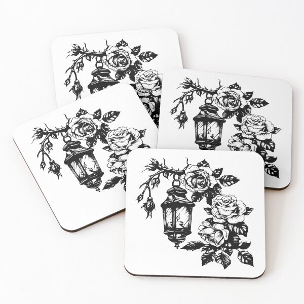 Item preview, Lantern and Roses Illustration – Black and White Vintage Floral Gothic Art designed and sold by inkoutninja.
