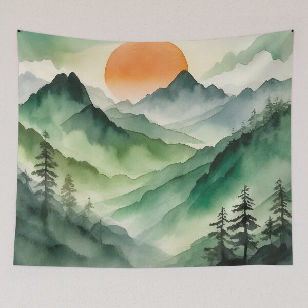 Item preview, Green Watercolor Mountain and Sun Print designed and sold by OneWorldLove.
