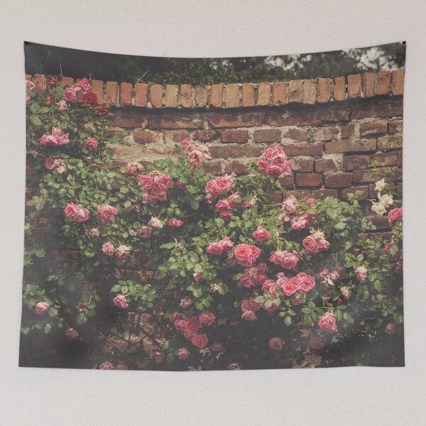 Item preview, Pink Climbing Roses on Brick Wall Photo Background Tapestry designed and sold by OneWorldLove.