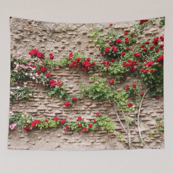 Item preview, Red Climbing Roses on Brick Wall Photo Background Tapestry designed and sold by OneWorldLove.