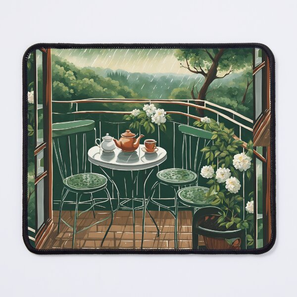 Item preview, Enjoying the Balcony in the Rain – Hot Tea and Nature Illustration designed and sold by Diclebaybas.