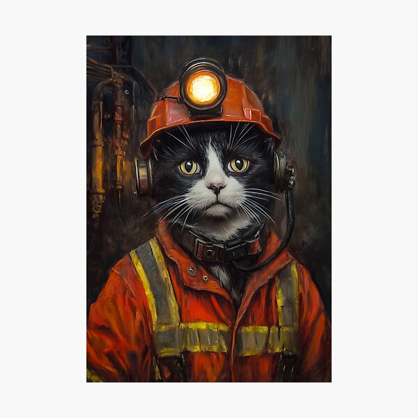 Item preview, Welsh Miner Cat Portrait – Black and White Cat in Vintage Mining Gear, Funny Historical Cat Art designed and sold by baggycatsworld.