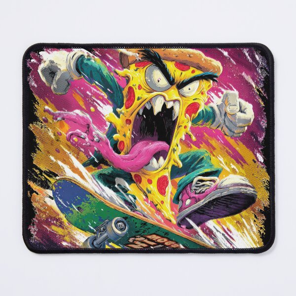 Item preview, Screaming slice of pizza doing a kickflip on a flaming skateboard designed and sold by Gaviani Design Studio.