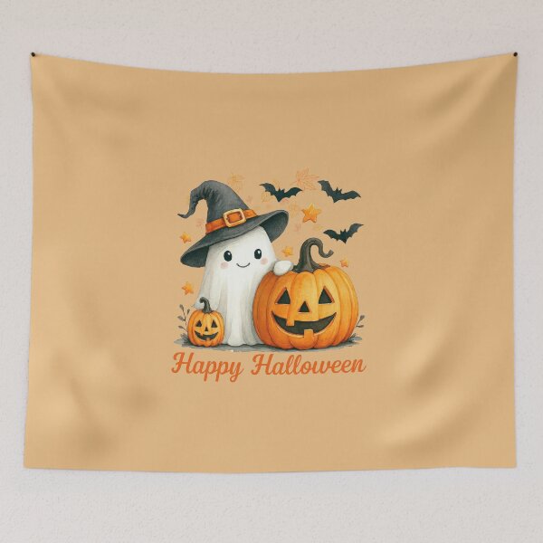 Item preview, happy Halloween a good smiling ghost with a pumpkin designed and sold by DżodżoJoy.