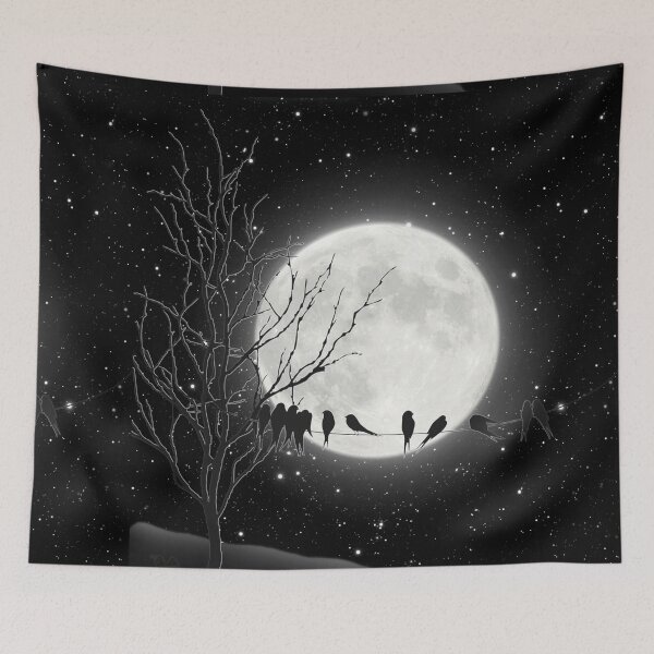 Item preview, Moon Bath, birds on a wire on a silent night with a bright full moon designed and sold by Glimmersmith.