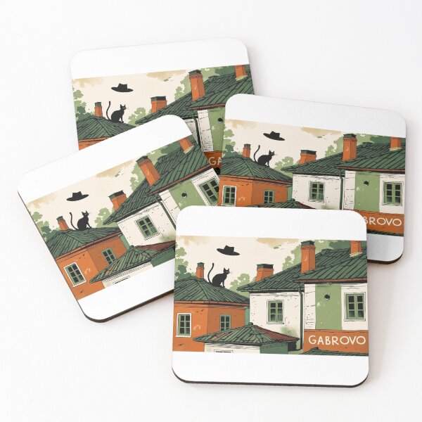 Item preview, Illustration of Gabrovo with Bulgarian roofs and a black cat designed and sold by StormArte.