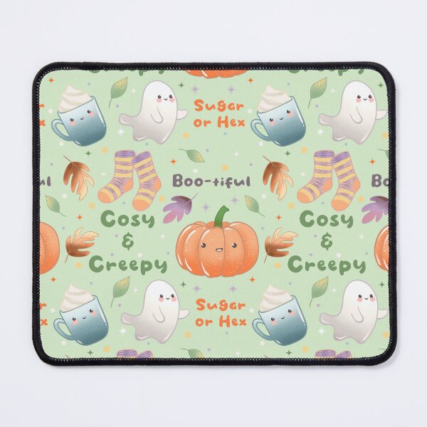 Item preview, Cosy and Creepy Halloween Seamless Pattern - Cute Ghosts, Pumpkins, Socks, Mugs and Autumn Leaves, Kawaii Fall designed and sold by Lone Jensen.