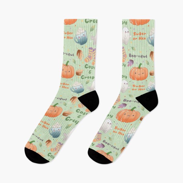 Item preview, Cosy and Creepy Halloween Seamless Pattern - Cute Ghosts, Pumpkins, Socks, Mugs and Autumn Leaves, Kawaii Fall  designed and sold by Lone Jensen.