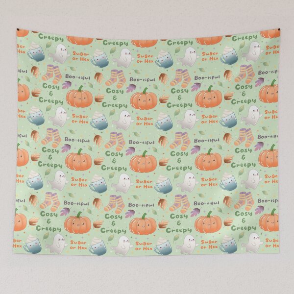 Item preview, Cosy and Creepy Halloween Seamless Pattern - Cute Ghosts, Pumpkins, Socks, Mugs and Autumn Leaves, Kawaii Fall  designed and sold by Lone Jensen.