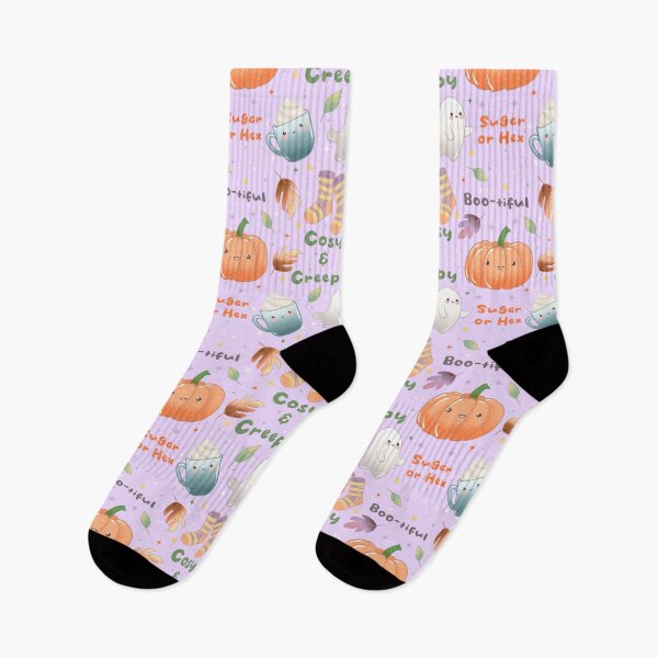 Item preview, Cosy and Creepy Halloween Seamless Pattern - Cute Ghosts, Pumpkins, Socks, Mugs and Autumn Leaves, Kawaii Fall  designed and sold by Lone Jensen.