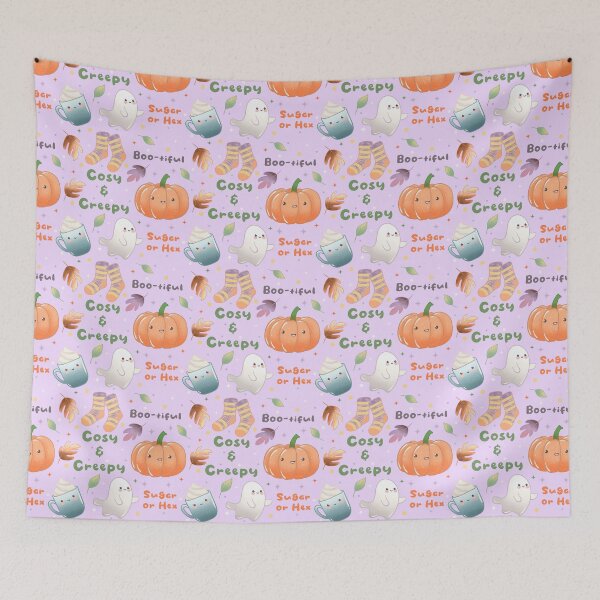 Item preview, Cosy and Creepy Halloween Seamless Pattern - Cute Ghosts, Pumpkins, Socks, Mugs and Autumn Leaves, Kawaii Fall  designed and sold by Lone Jensen.