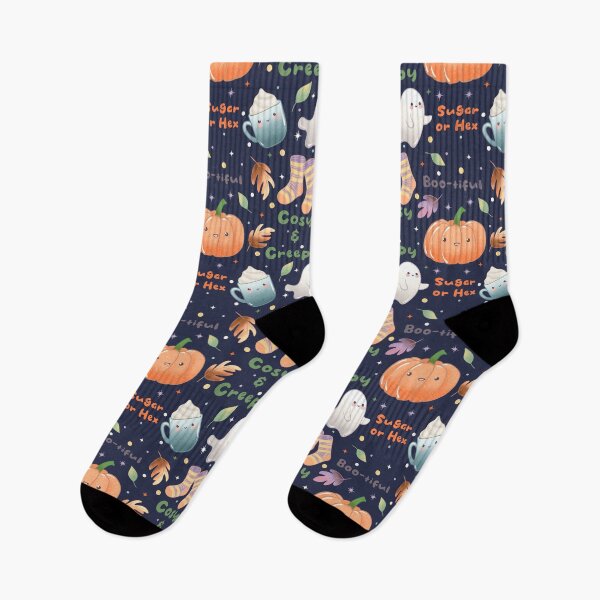 Item preview, Cosy and Creepy Halloween Seamless Pattern - Cute Ghosts, Pumpkins, Socks, Mugs and Autumn Leaves, Kawaii Fall  designed and sold by Lone Jensen.