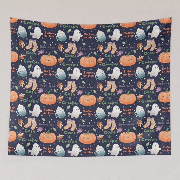 Item preview, Cosy and Creepy Halloween Seamless Pattern - Cute Ghosts, Pumpkins, Socks, Mugs and Autumn Leaves, Kawaii Fall  designed and sold by Lone Jensen.