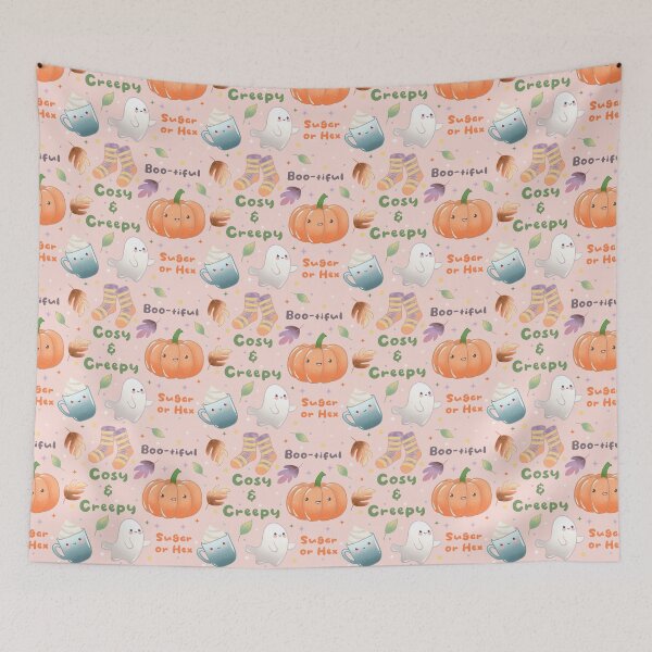 Item preview, Cosy and Creepy Halloween Seamless Pattern - Cute Ghosts, Pumpkins, Socks, Mugs and Autumn Leaves, Kawaii Fall  designed and sold by Lone Jensen.