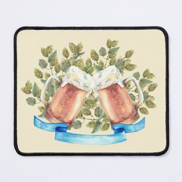 Item preview, Beer mug making cheers with branches of hops and blue ribbon. Watercolor hand drawn designed and sold by BartolArt.
