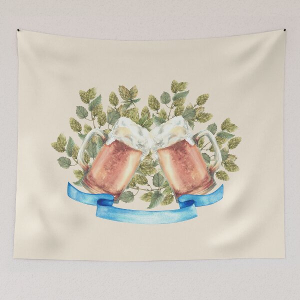 Item preview, Beer mug making cheers with branches of hops and blue ribbon. Watercolor hand drawn designed and sold by BartolArt.