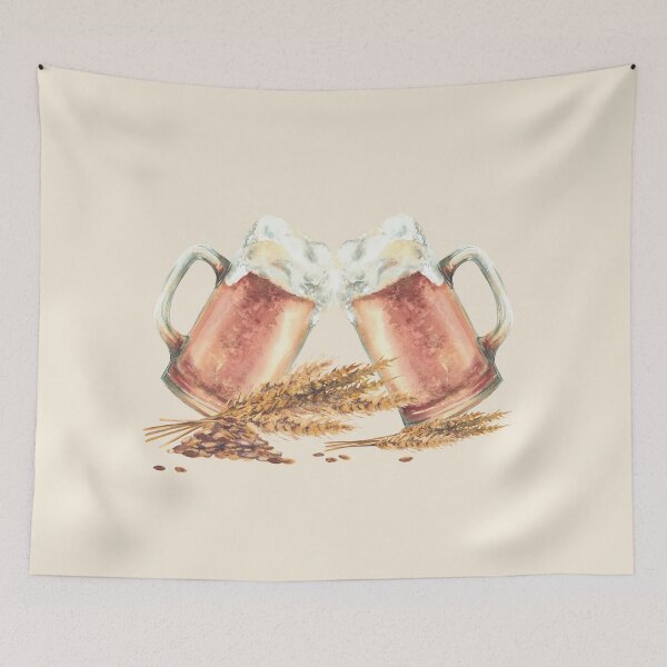 Item preview, pint of Beer mugs toasting with ears and grains of malt. Watercolor brewing hand drawn designed and sold by BartolArt.