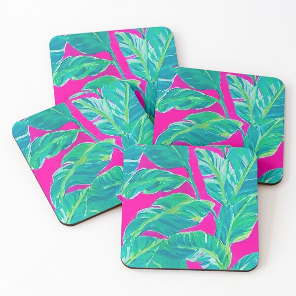 Item preview, Preppy green turquoise banana leaves on fuchsia background designed and sold by SophieClimaArt.