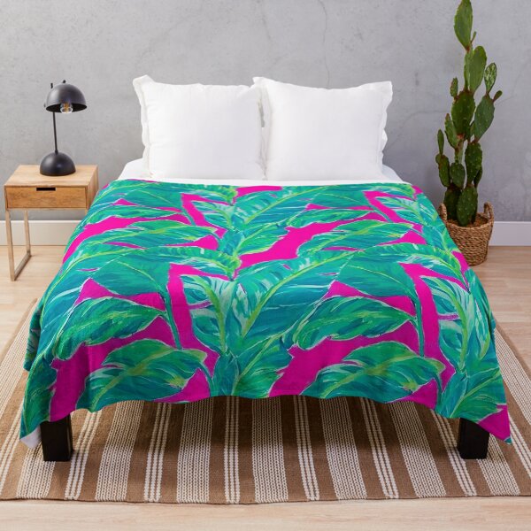 Item preview, Preppy green turquoise banana leaves on fuchsia background designed and sold by SophieClimaArt.