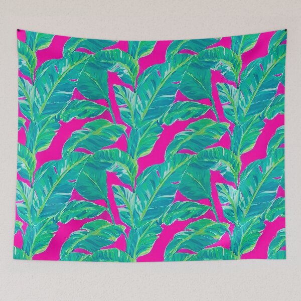 Item preview, Preppy green turquoise banana leaves on fuchsia background designed and sold by SophieClimaArt.