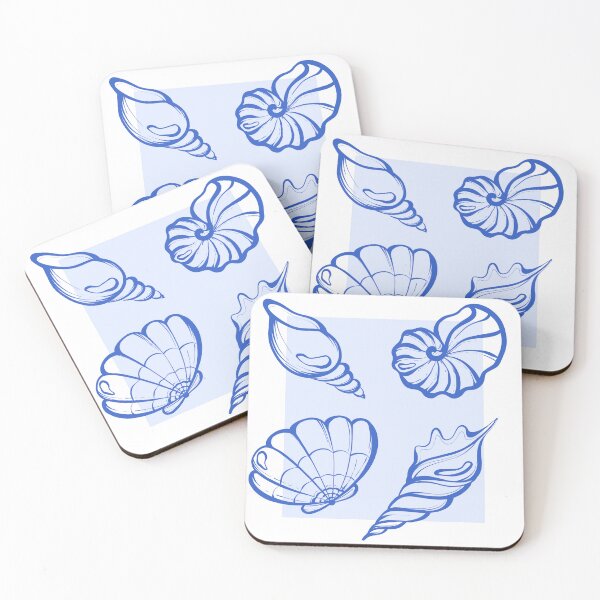 Item preview, Minimalist blue shell outlines on soft aqua background with ocean wave mood designed and sold by JuKoArt.