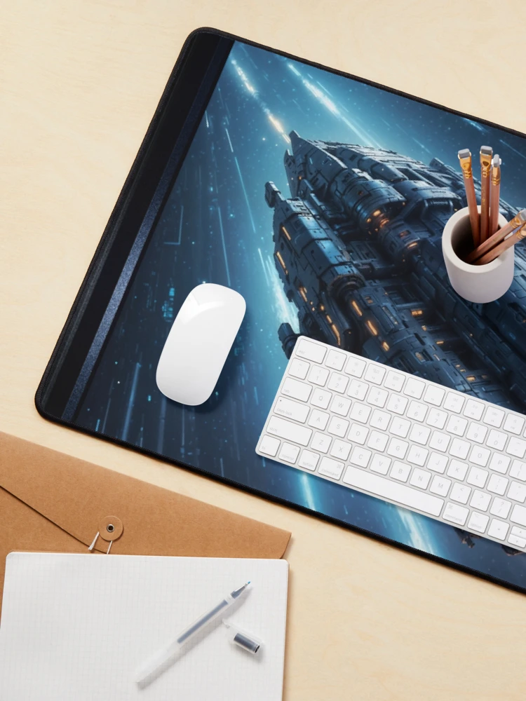 The Futuristic Warship, Stellar Vannguard In Pursuit Astonishing AI Concept Art by Xzendor7 Decorative Art Print Desk Mat