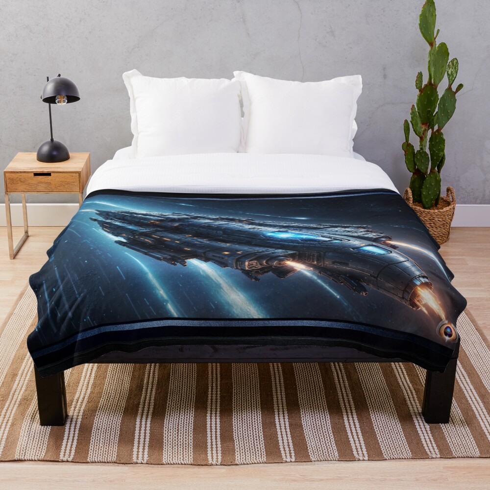 The Futuristic Warship, Stellar Vannguard In Pursuit Astonishing AI Concept Art by Xzendor7 Decorative Art Print Throw Blanket