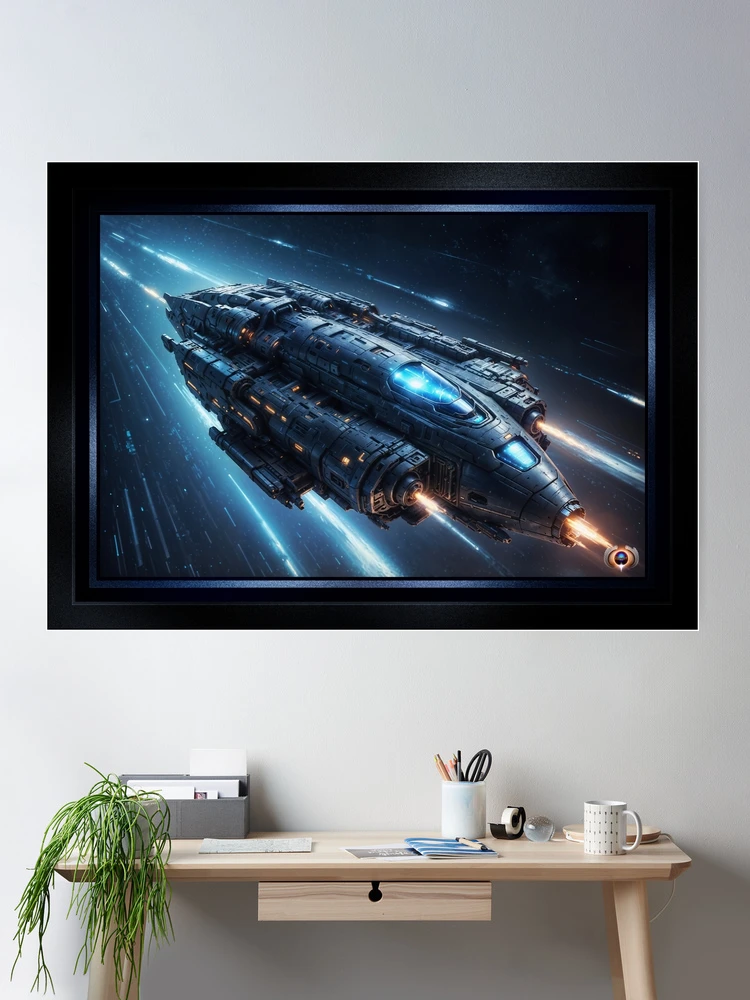 The Futuristic Warship, Stellar Vannguard In Pursuit Astonishing AI Concept Art by Xzendor7 Room Decor Poster Art Print
