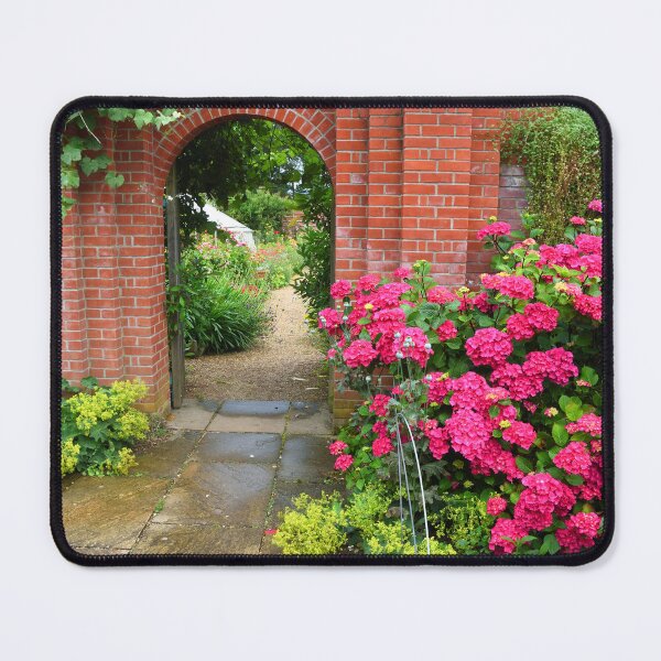 Item preview, Brick Arch in Garden Wall with Pink Hydrangea in foreground designed and sold by Umdash919.