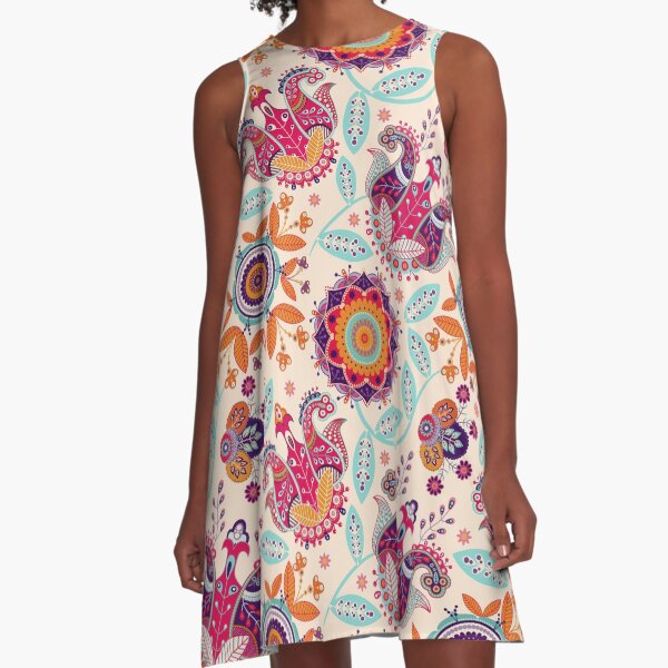 Buntes Blumenpaisley-Muster A-Linien Kleid