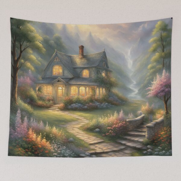 Item preview, Cozy Cottage in Enchanted Garden with Misty Mountain Backdrop designed and sold by Uniquely Yours.