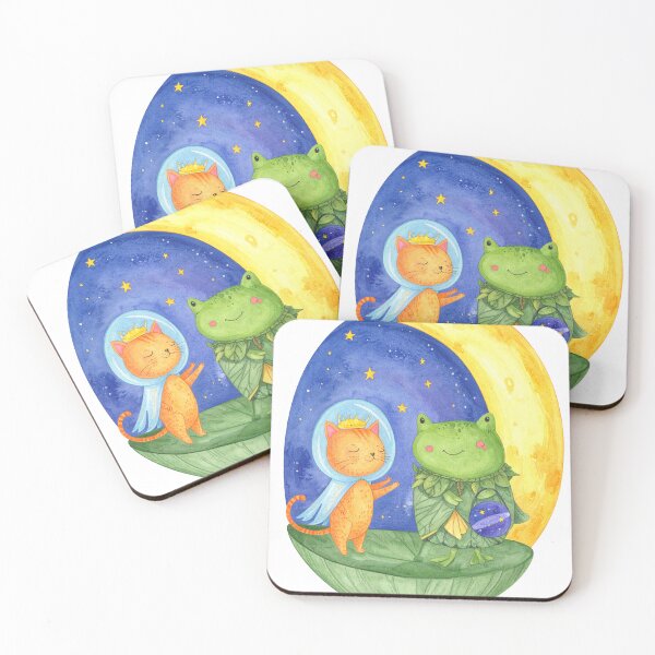 Item preview, Kawaii Cat & Frog Under the Moon – Watercolor Night Adventure designed and sold by sakharumoowan08.